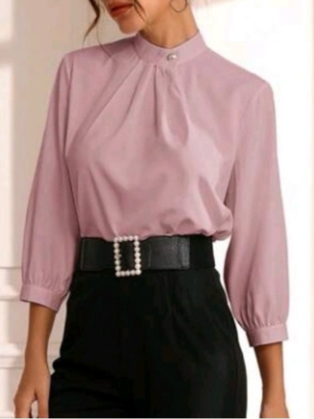 Elegant Mock-Neck Pink Blouse with Pearl Button/ X- Large